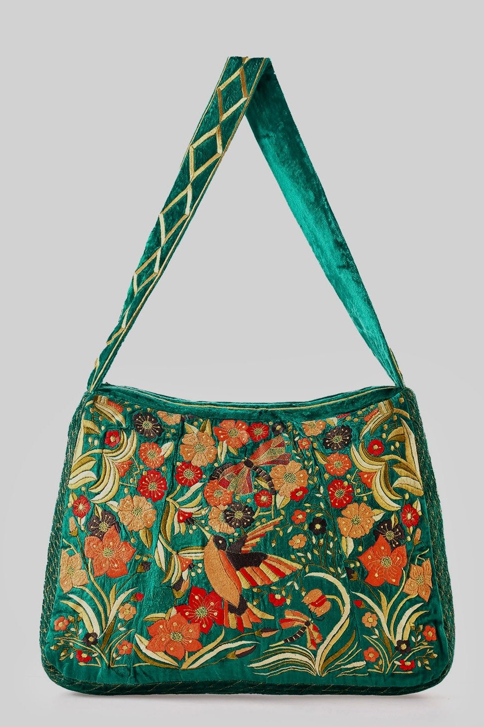 The Selena Luxe Tote - Large Embroidered Velvet Tote Bag - Green