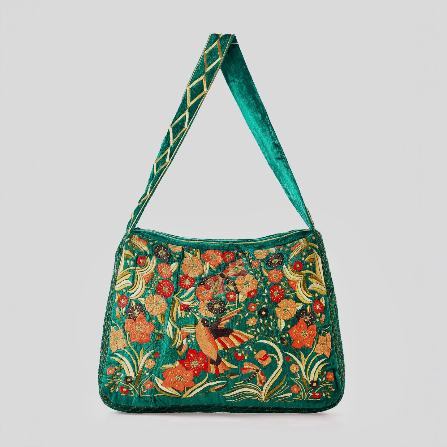 The Selena Luxe Tote - Large Embroidered Velvet Tote Bag - Green