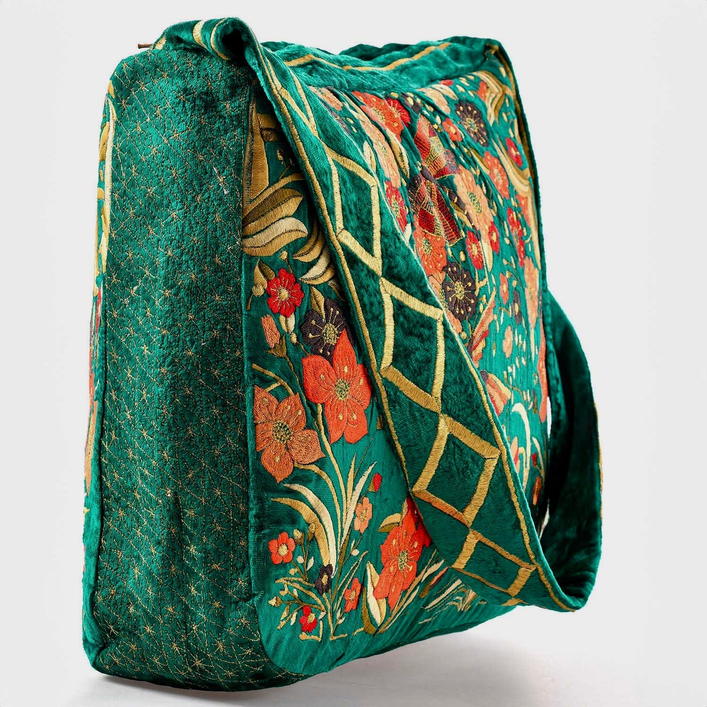 The Selena Luxe Tote - Large Embroidered Velvet Tote Bag - Green