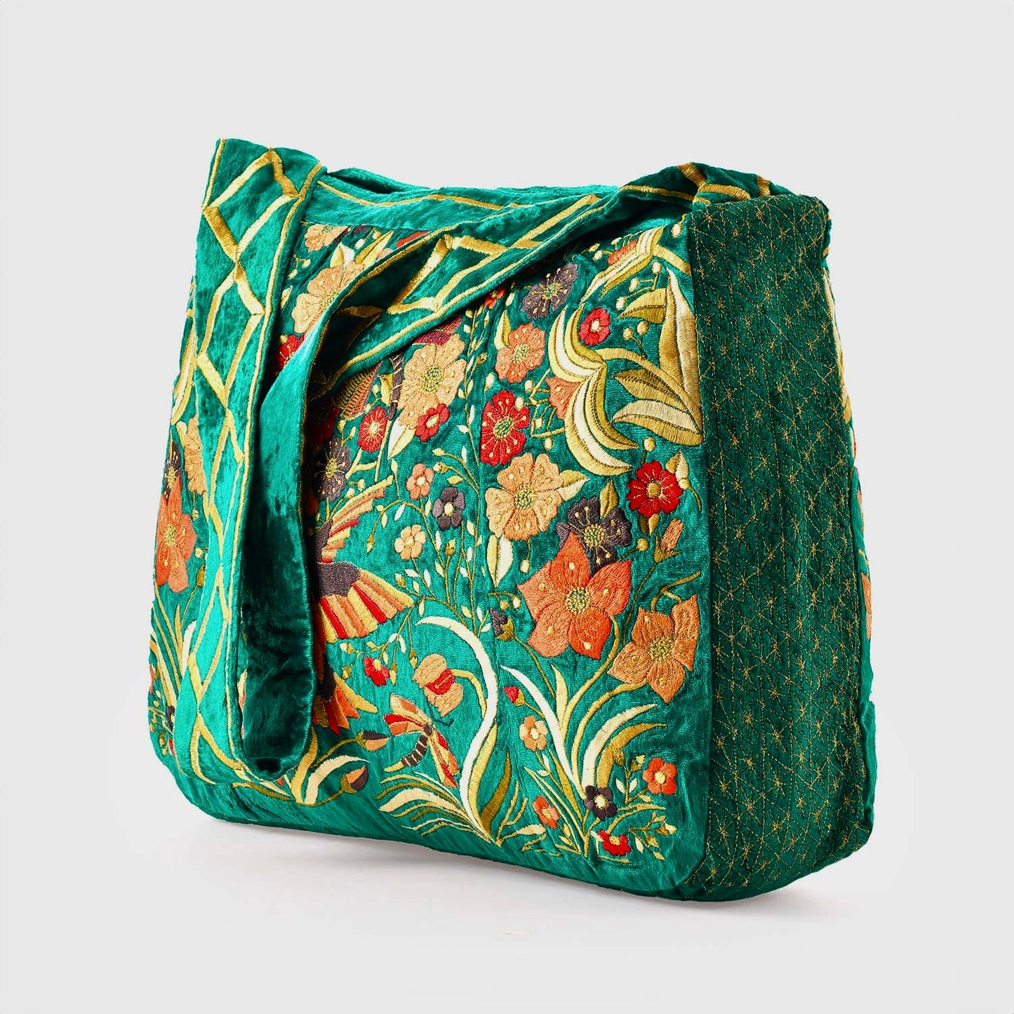 The Selena Luxe Tote - Large Embroidered Velvet Tote Bag - Green