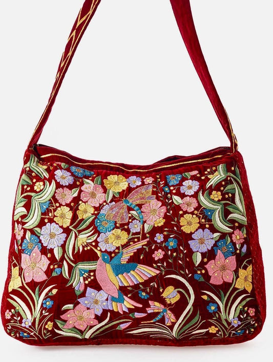 The Selena Luxe Tote - Large Embroidered Velvet Tote Bag - Red