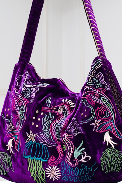 The Azores Embroidered Tote - Embroidered Velvet Tote Bag - Purple