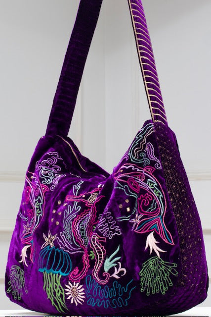 The Azores Embroidered Tote - Embroidered Velvet Tote Bag - Purple