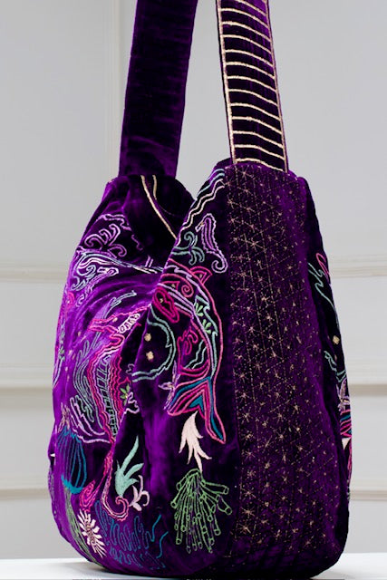 The Azores Embroidered Tote - Embroidered Velvet Tote Bag - Purple