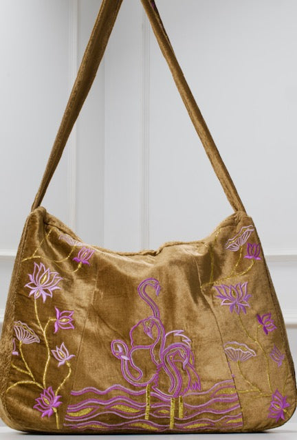 The Serena Tote - Embroidered Velvet Tote Bag - Brown