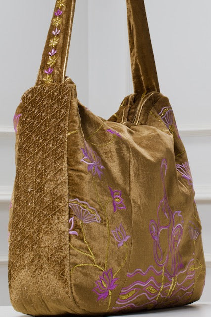 The Serena Tote - Embroidered Velvet Tote Bag - Brown