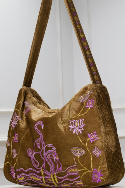 The Serena Tote - Embroidered Velvet Tote Bag - Brown