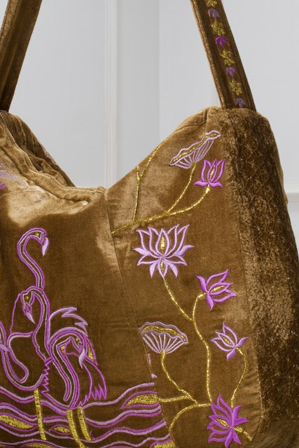 The Serena Tote - Embroidered Velvet Tote Bag - Brown